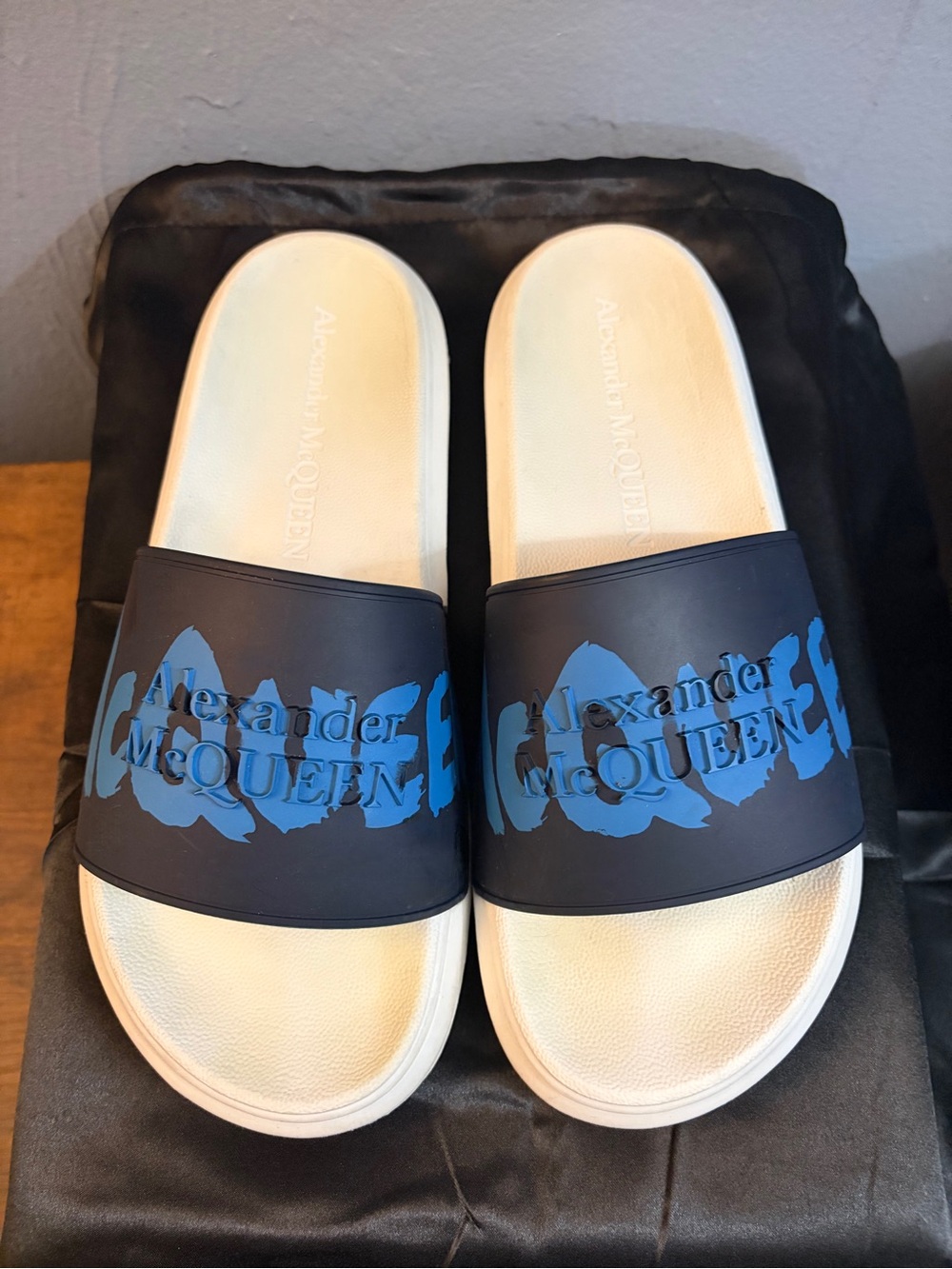Alexander McQueen Graffiti Logo Slides, Navy/Blue